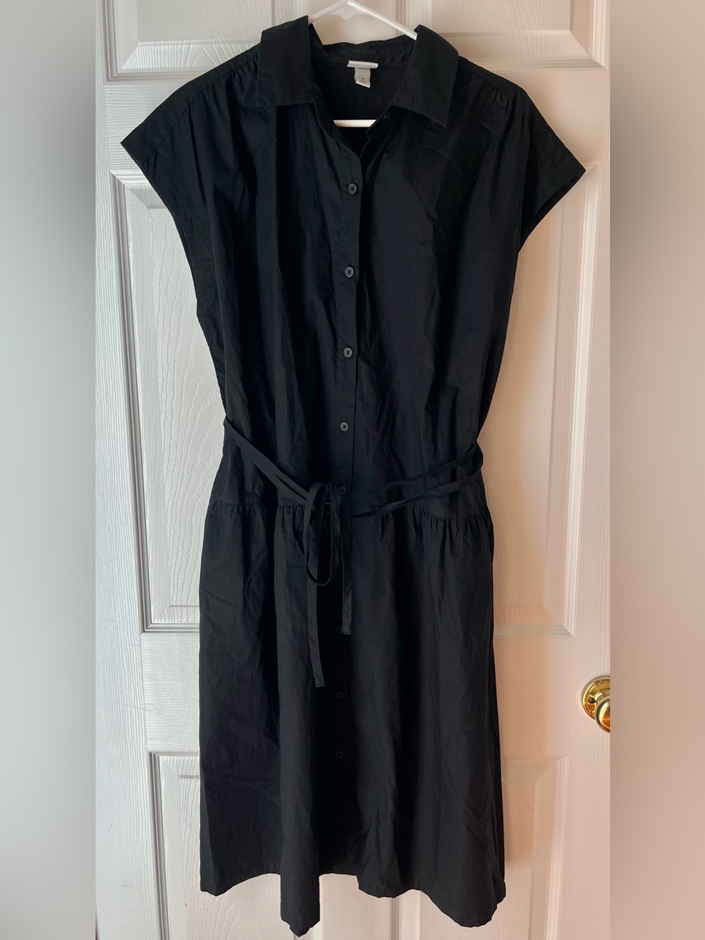100% Cotton Black Button-Front Midi Shirt Dress with Tie Waist